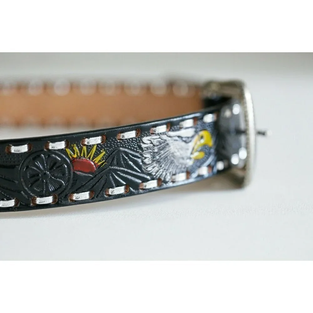 Hand Tooled Painted Bold Eagle Whipstitch Black Leather Belt